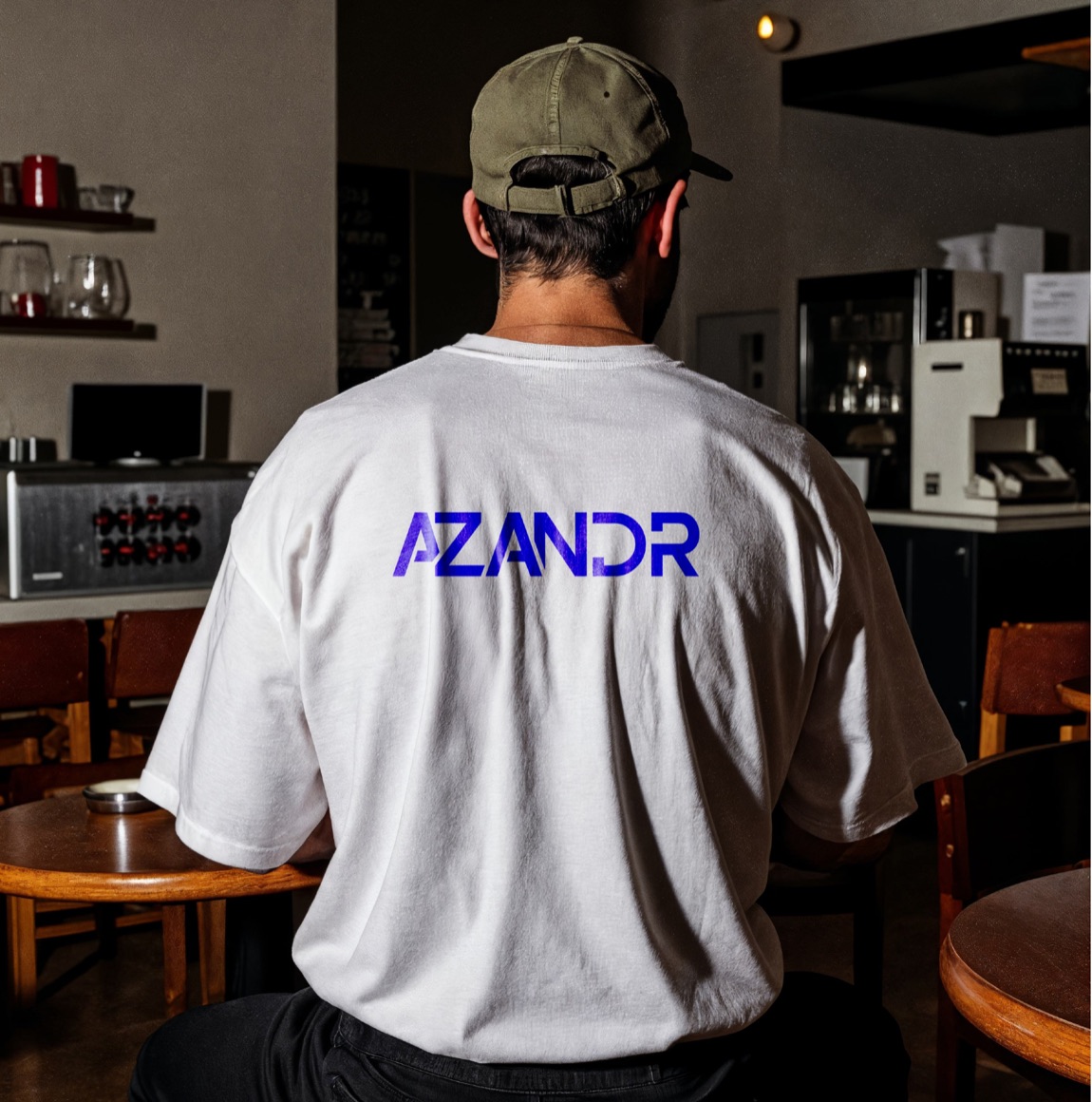 Le tee-shirt Azandr floqué de bleu électrique, porté de dos dans un café.