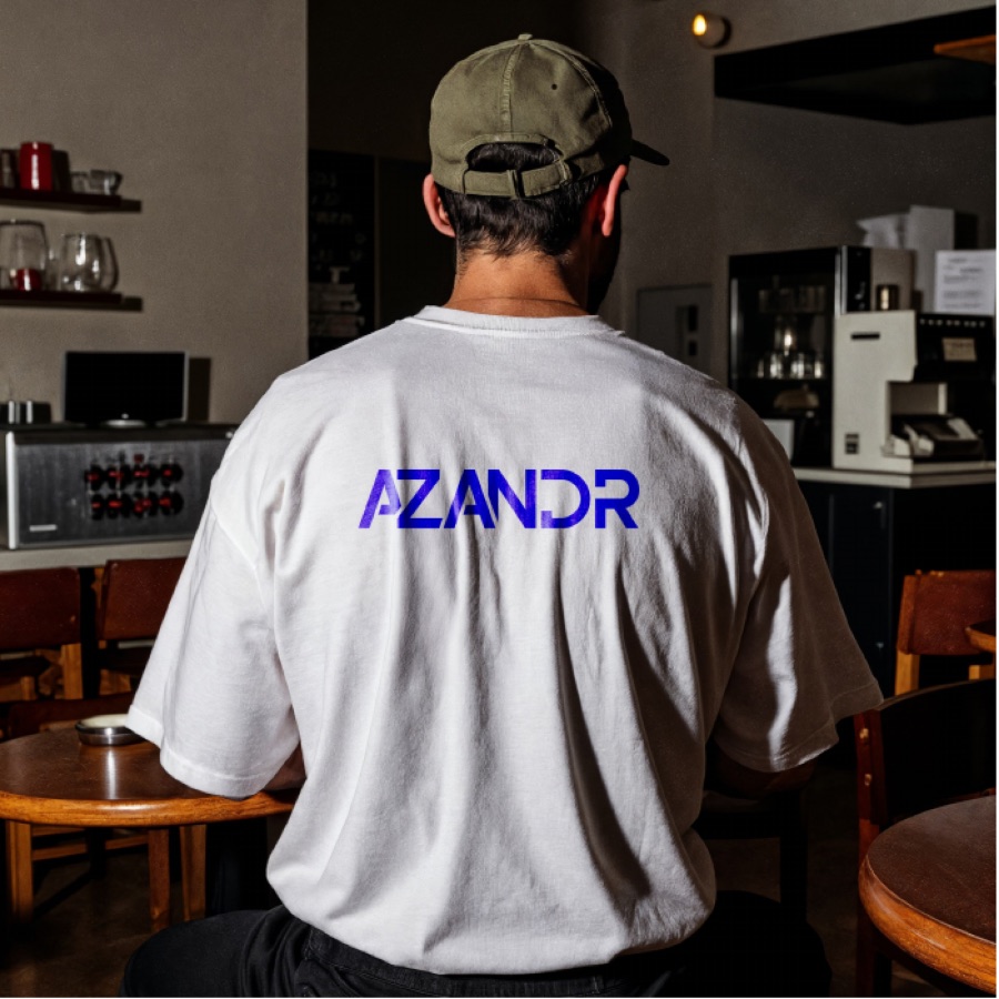 AZANDR — tee-shirt blanc floqué dans le dos, porté dans un café.