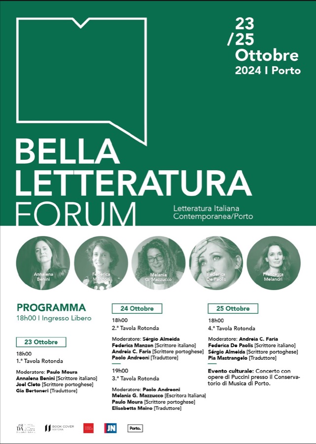 Affiche verte du programme en italien, portraits des autrices et déroulé des trois journées.