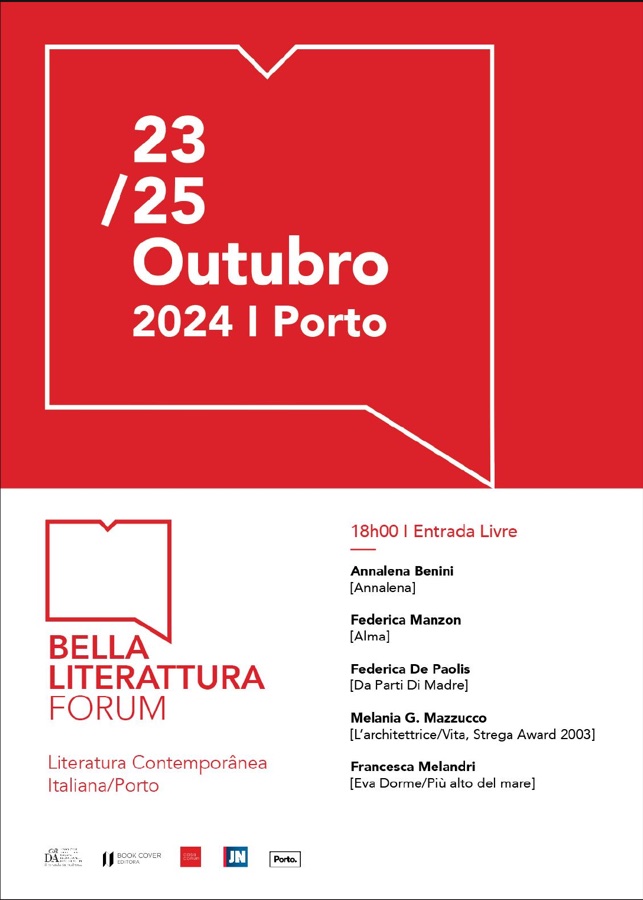 Affiche rouge en portugais, grand bloc de date et liste des intervenants.
