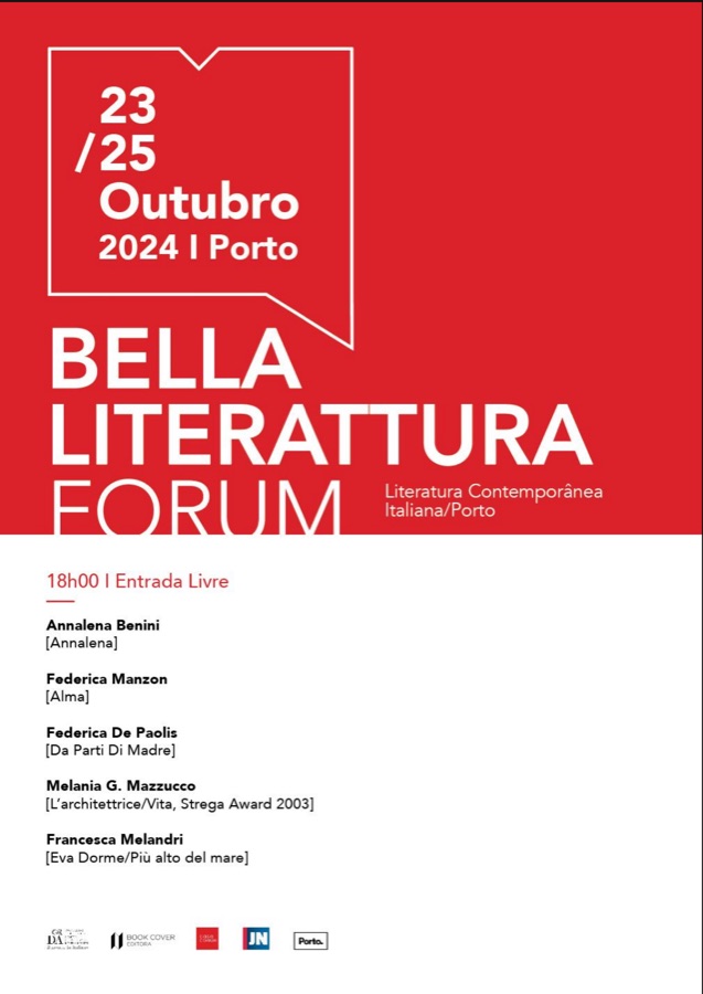 Seconde affiche rouge en portugais, logotype en réserve et programme sur fond blanc.