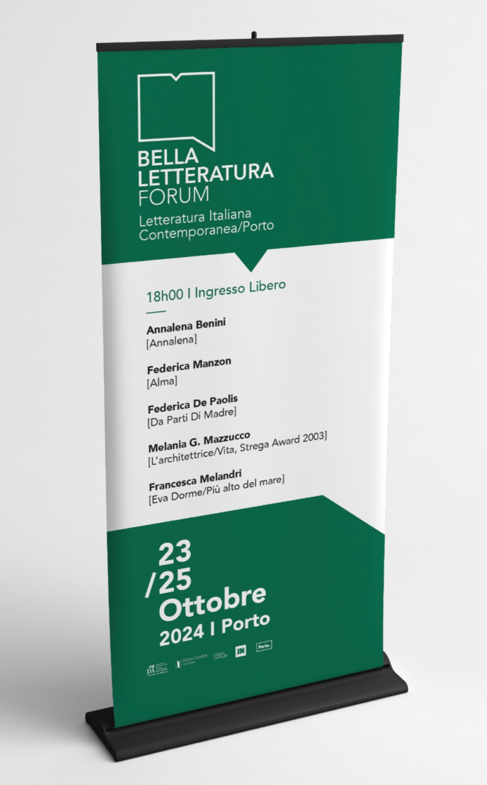 Kakémono vert reprenant le programme et les dates de l’événement.