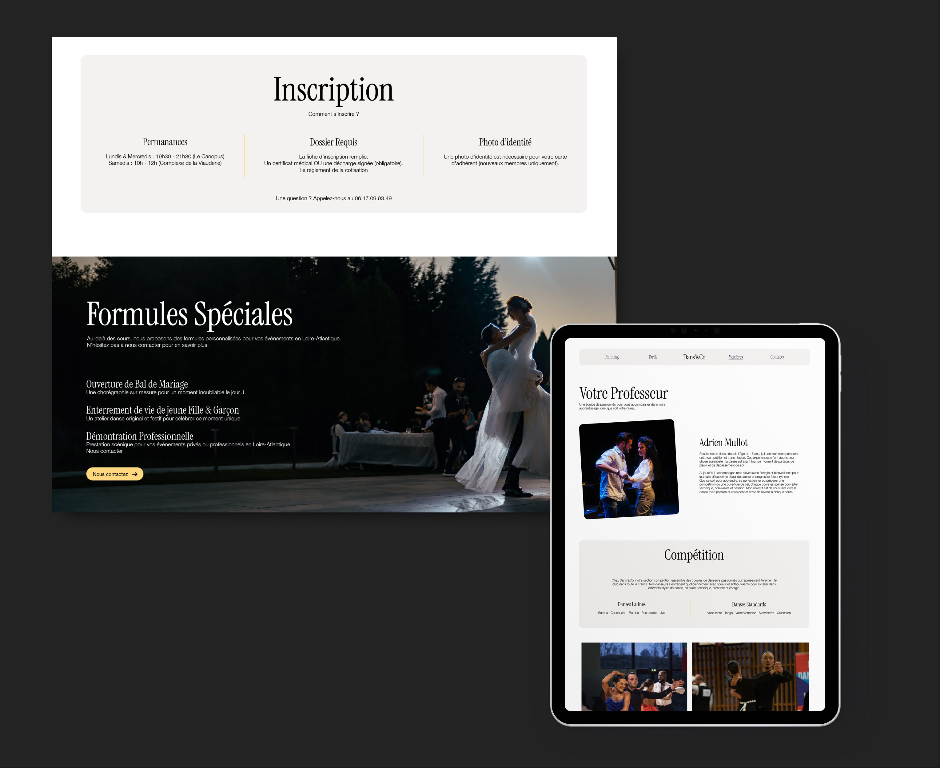 Les pages Inscription et Formules spéciales du site, présentées à côté d’une tablette affichant la page du professeur.