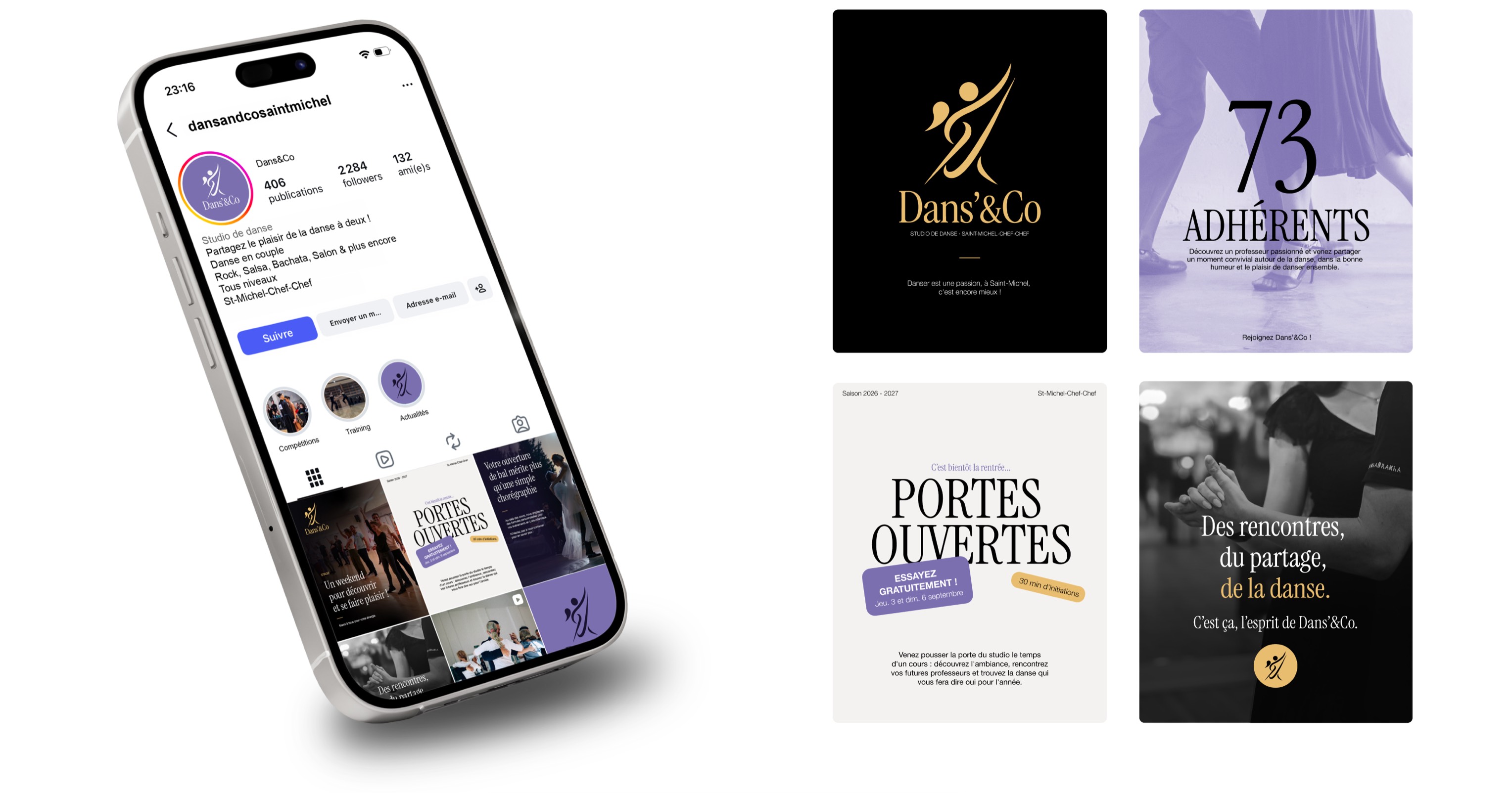 Le compte Instagram du studio sur un téléphone, entouré de quatre publications : le logotype doré sur fond noir, « 73 adhérents », une annonce de portes ouvertes et « Des rencontres, du partage, de la danse ».