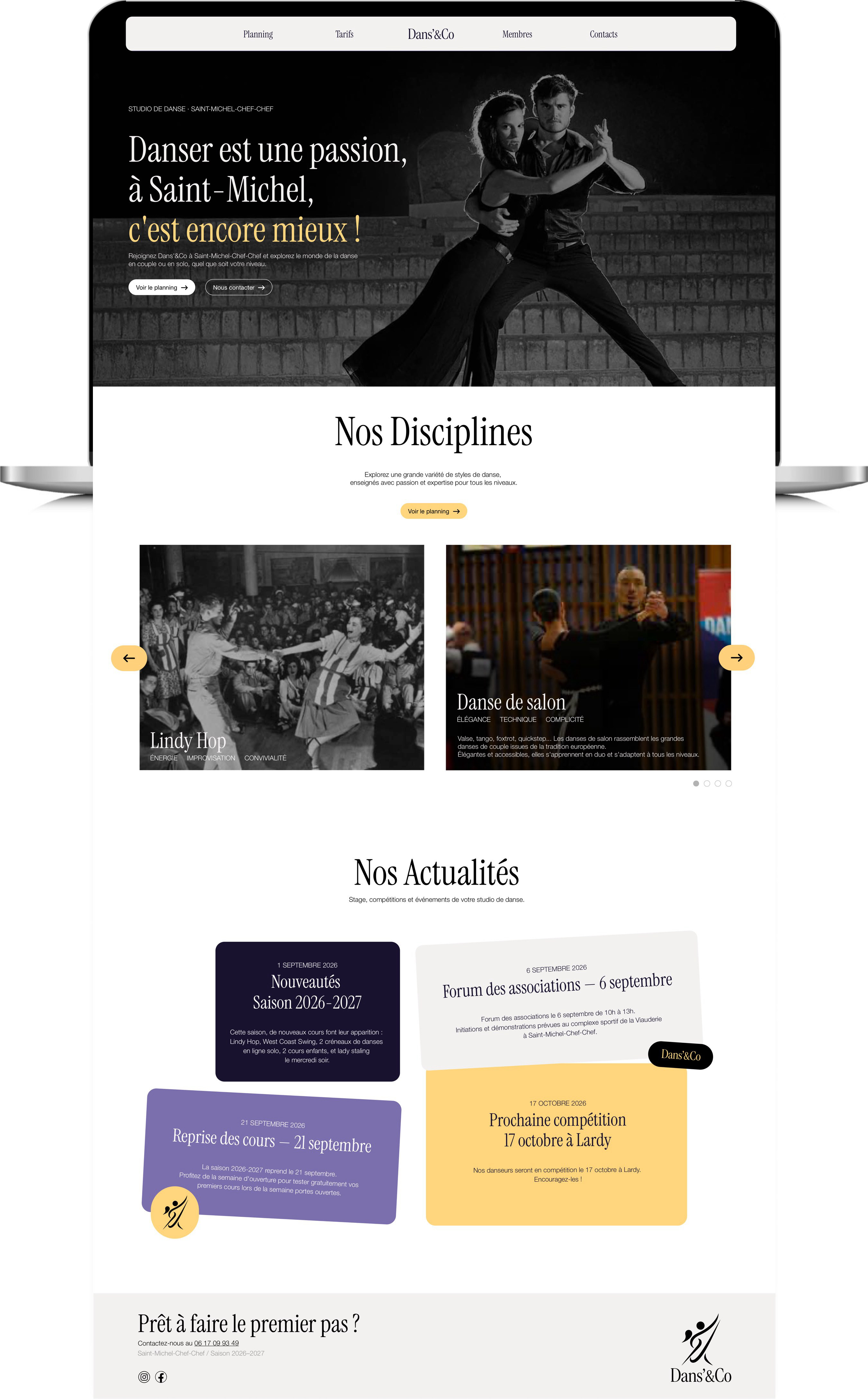 La page d’accueil du site : « Danser est une passion, à Saint-Michel, c’est encore mieux ! », suivie des disciplines et des actualités du studio.