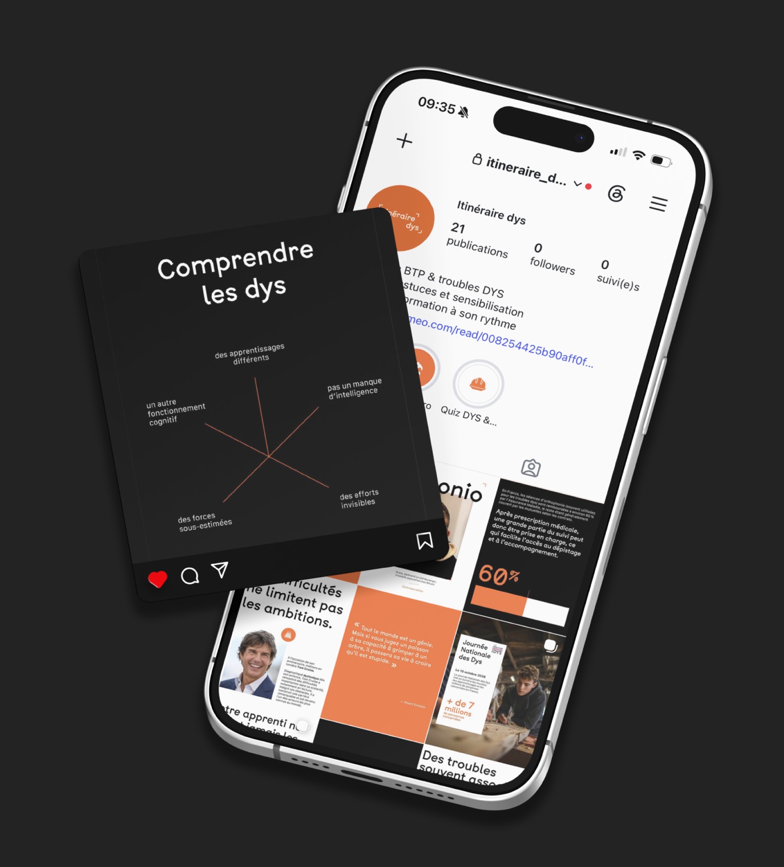 Le compte Instagram itineraire_dys sur un téléphone, à côté d’une publication « Comprendre les dys ».