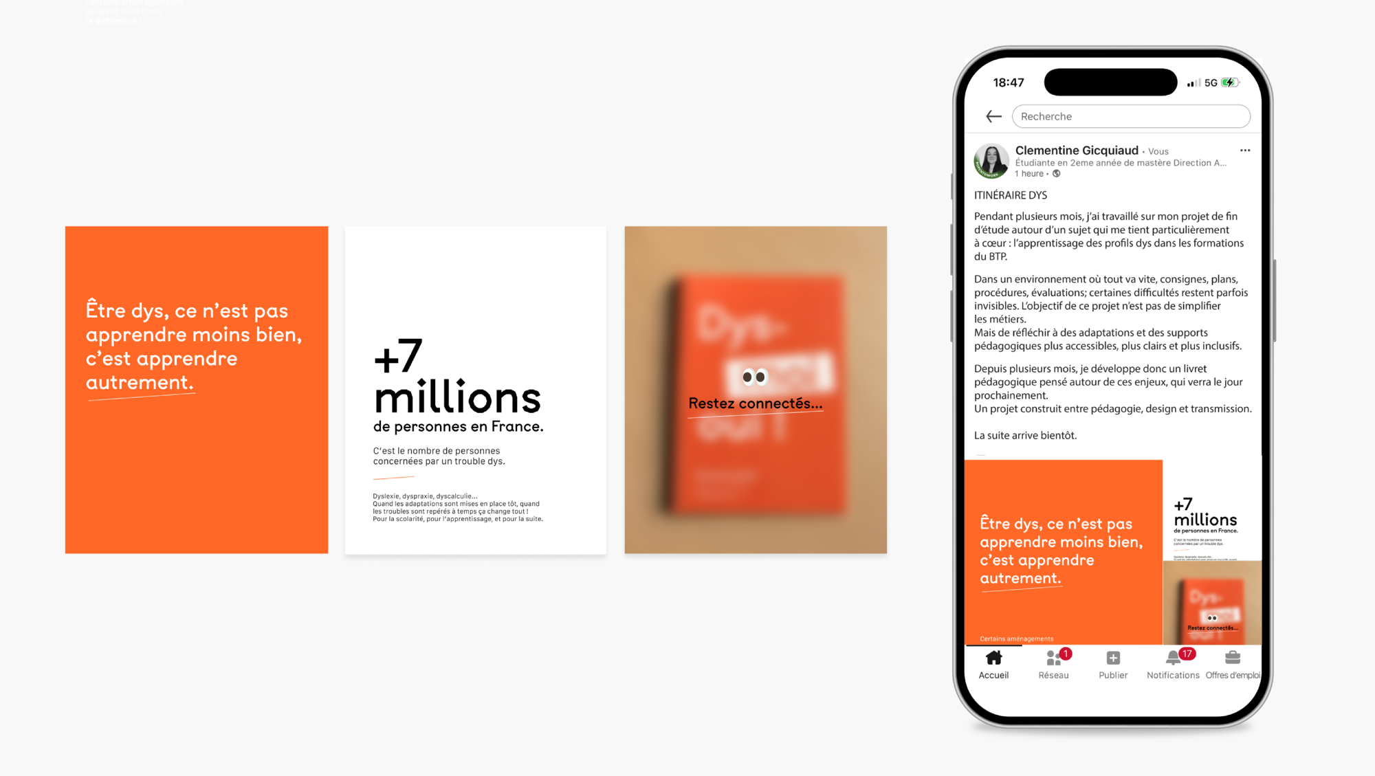 Le post LinkedIn de présentation du projet et les visuels de la campagne, sur téléphone.