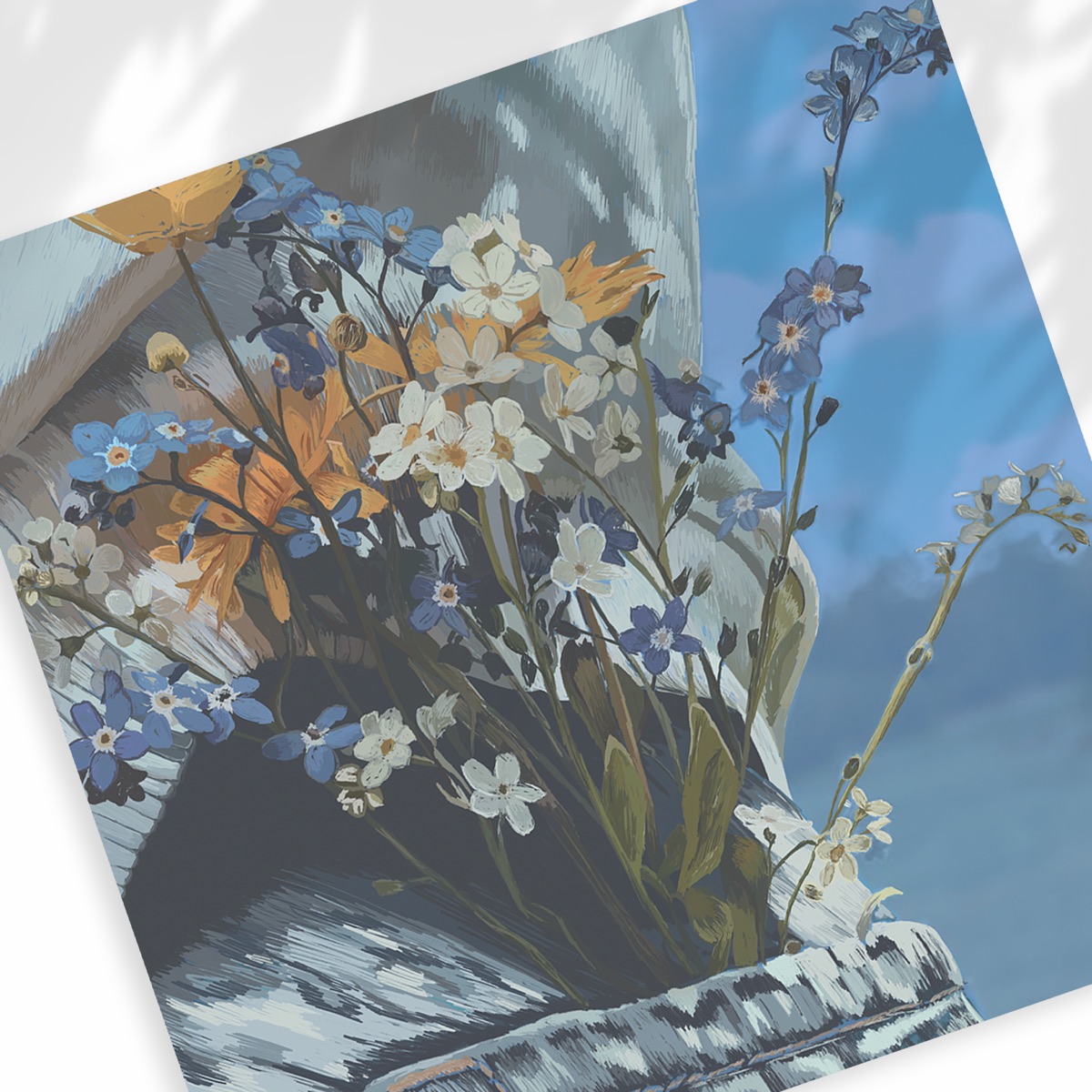 Reproduction d’une peinture florale posée sur un fond bleu.