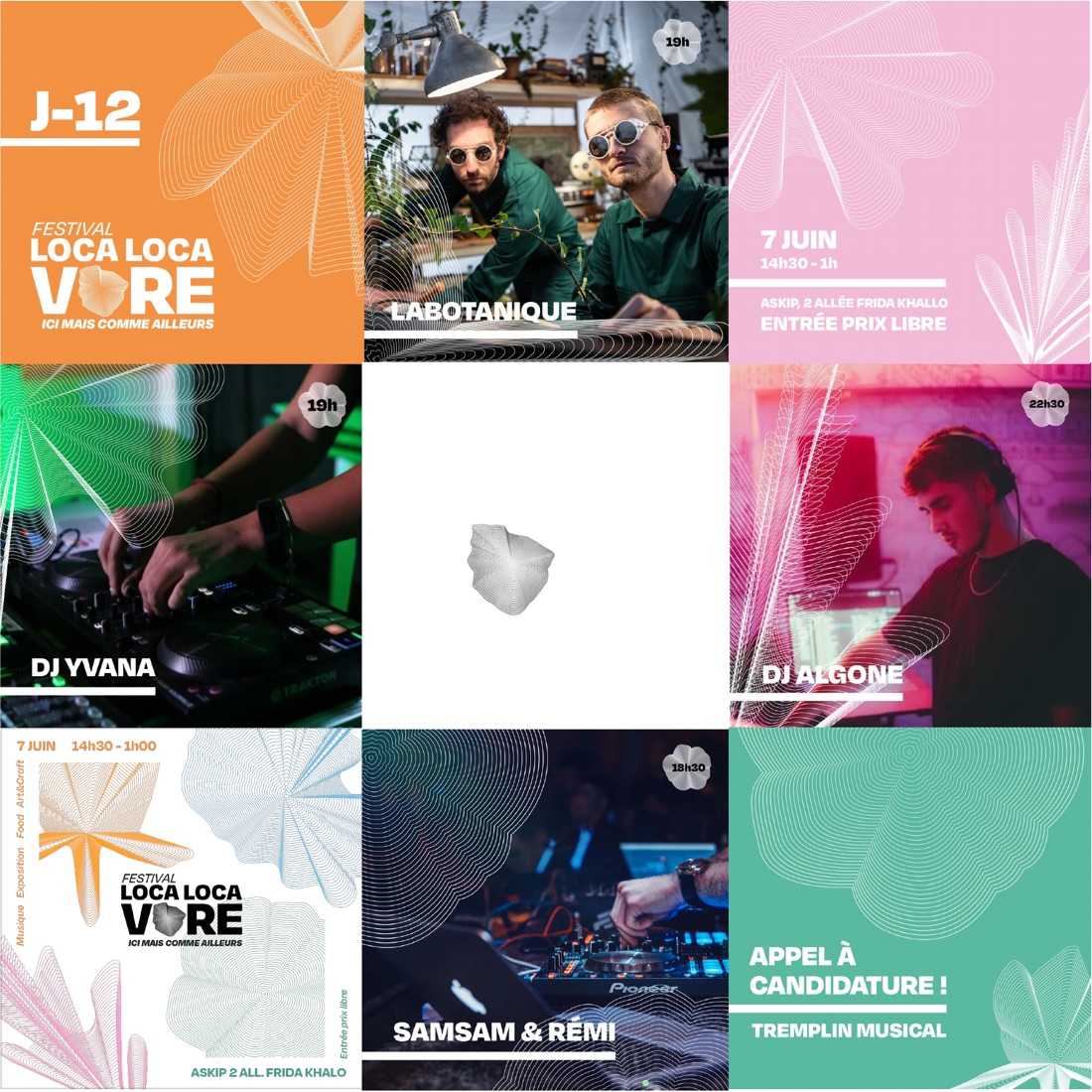 Grille de publications Instagram : annonces de programmation et appel à candidature.