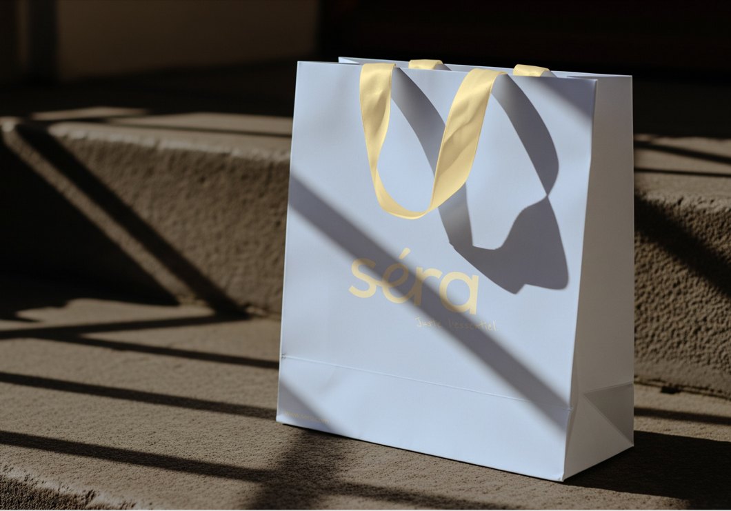 Séra — sac cadeau blanc à rubans dorés, posé sur une marche au soleil.