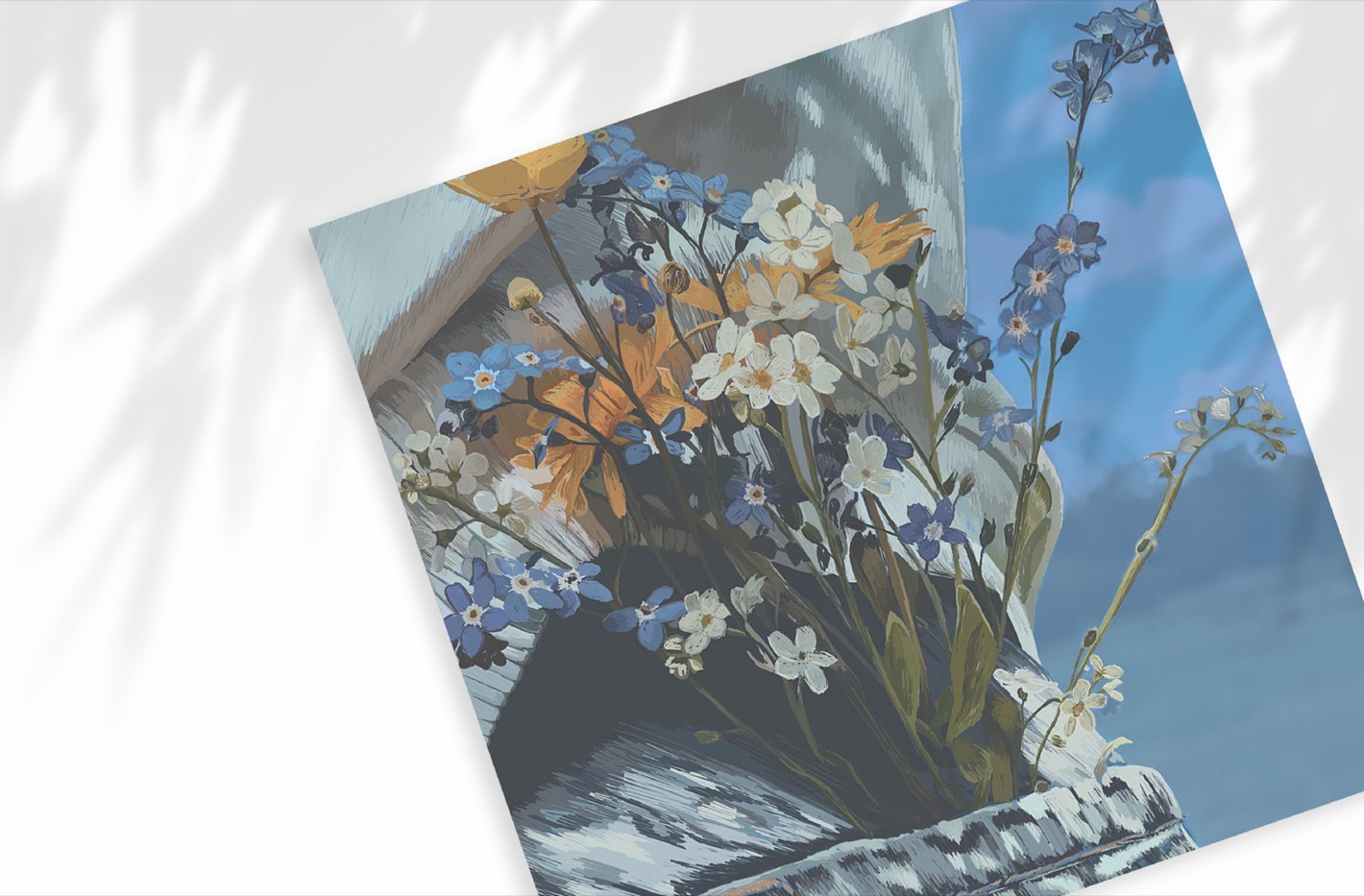 Reproduction d’une peinture florale posée sur un fond bleu.