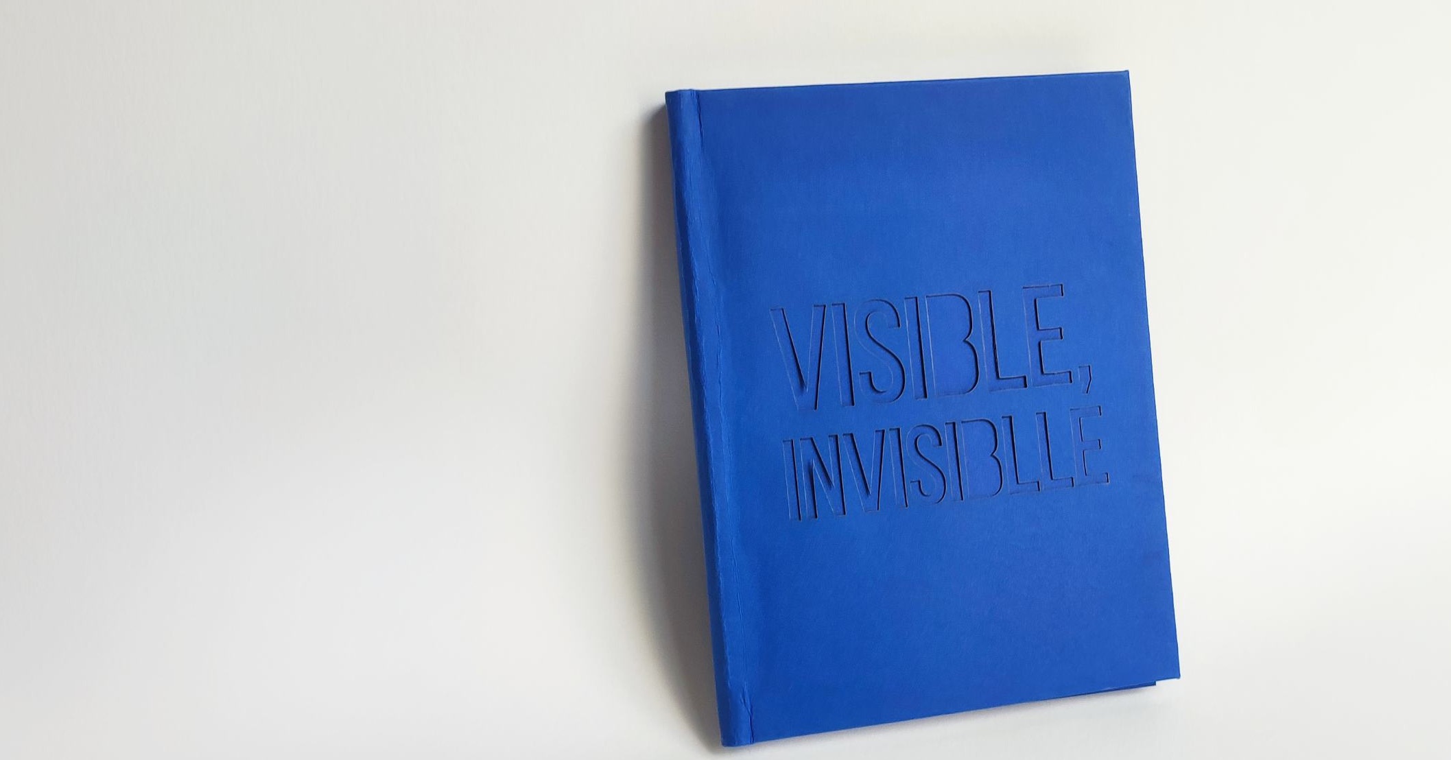 Visible, Invisible : ouvrage à couverture bleu klein, le titre gaufré en creux, posé contre un mur clair.