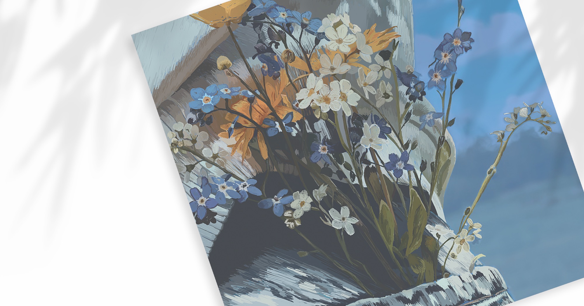 La pochette peinte, un bouquet de myosotis et de narcisses, posée de biais sur un fond blanc traversé d’ombres de feuillage.