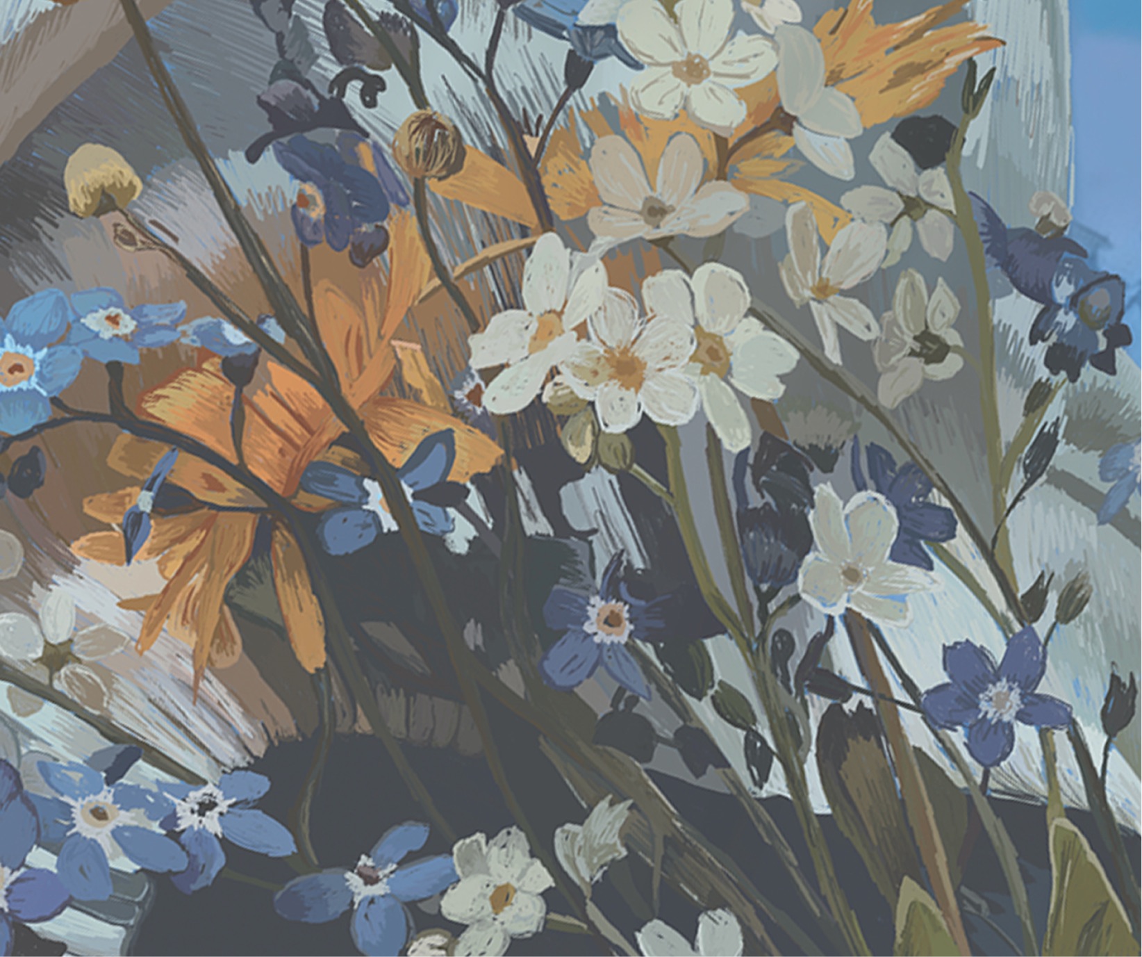 Détail des fleurs peintes, myosotis bleus et narcisses blancs sur fond de ciel.