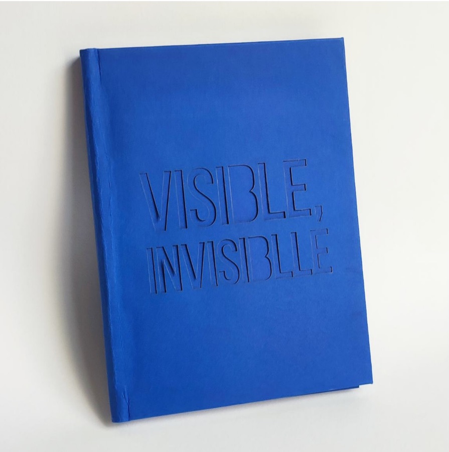 Visible, Invisible — ouvrage à couverture bleu klein gaufrée, posé contre un mur blanc.